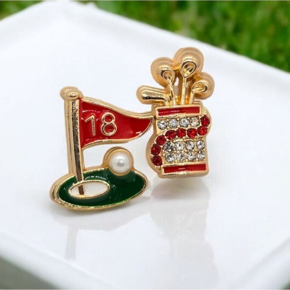 Golf Earrings ⛳️ Red Gold Rhinestone Pearl Lady Golfer 18th Hole Flag Caddy Bag